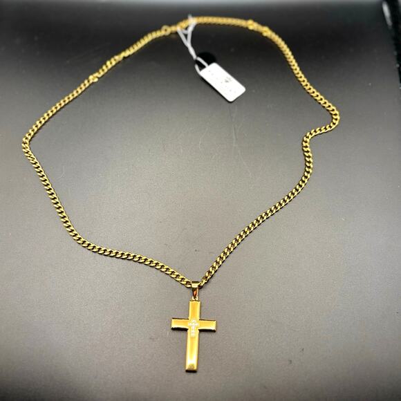 Blackjack BJP48G Mens 18K Gold Plated Stainless Steel Cross Necklace with CZ NWT - Picture 4 of 15